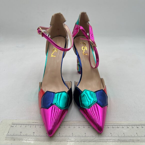 FSJ Fuchsia Crystal Heel Colorful Pointed Toe High Heel Ankle Strap Sandals - Picture 3 of 8
